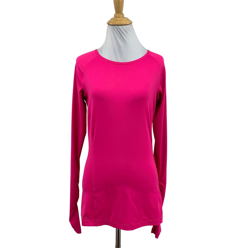 Nike Pro Top Womens M Medium Fuchsia Pro Dri Fit Ruched Sleeves Long Sleeve